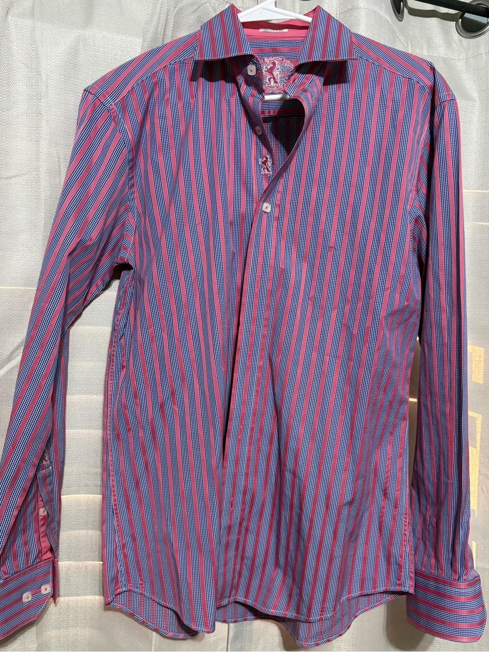 Bugatchi Blue and Pink Vertical Stripe Dress Shirt